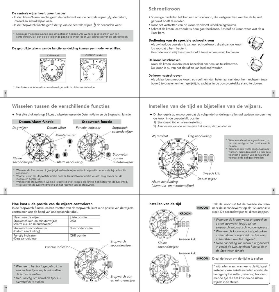 ls uw horloge is voorzien van een schroefkroon, kijk dan op de volgende pagina voor het los of vast schroeven van de schroefkroon.