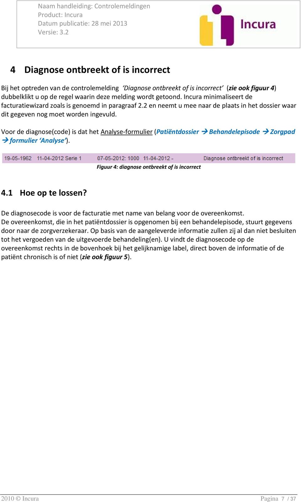 Voor de diagnose(code) is dat het Analyse-formulier (Patiëntdossier Behandelepisode Zorgpad formulier Analyse ). Figuur 4: diagnose ontbreekt of is incorrect 4.1 Hoe op te lossen?