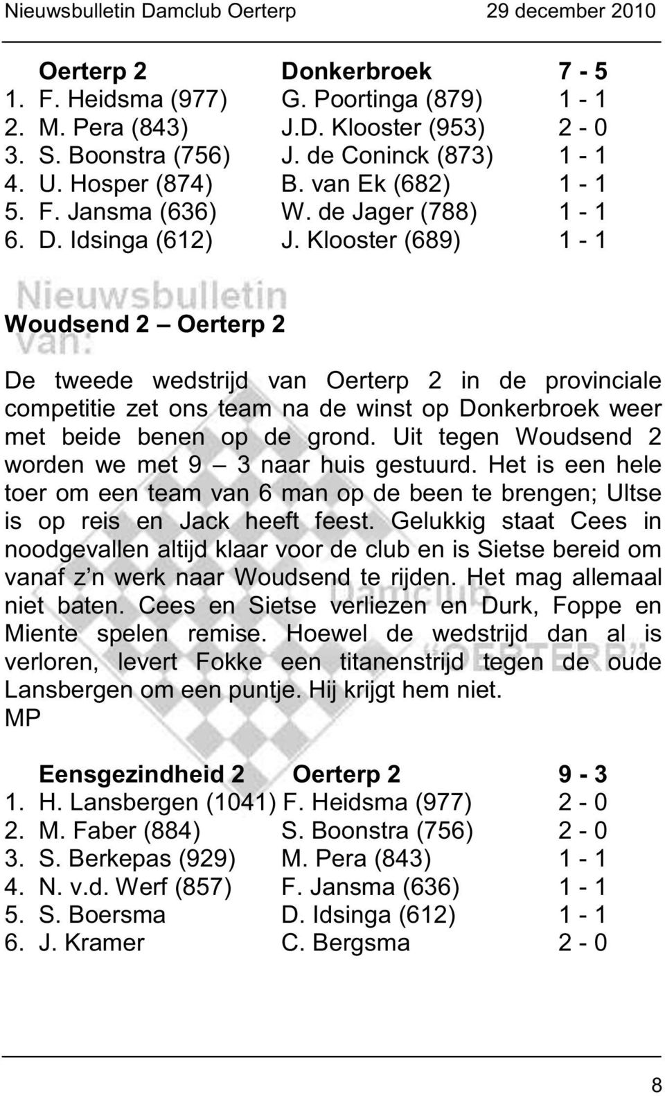 Klooster (689) 1-1 Woudsend 2 Oerterp 2 De tweede wedstrijd van Oerterp 2 in de provinciale competitie zet ons team na de winst op Donkerbroek weer met beide benen op de grond.