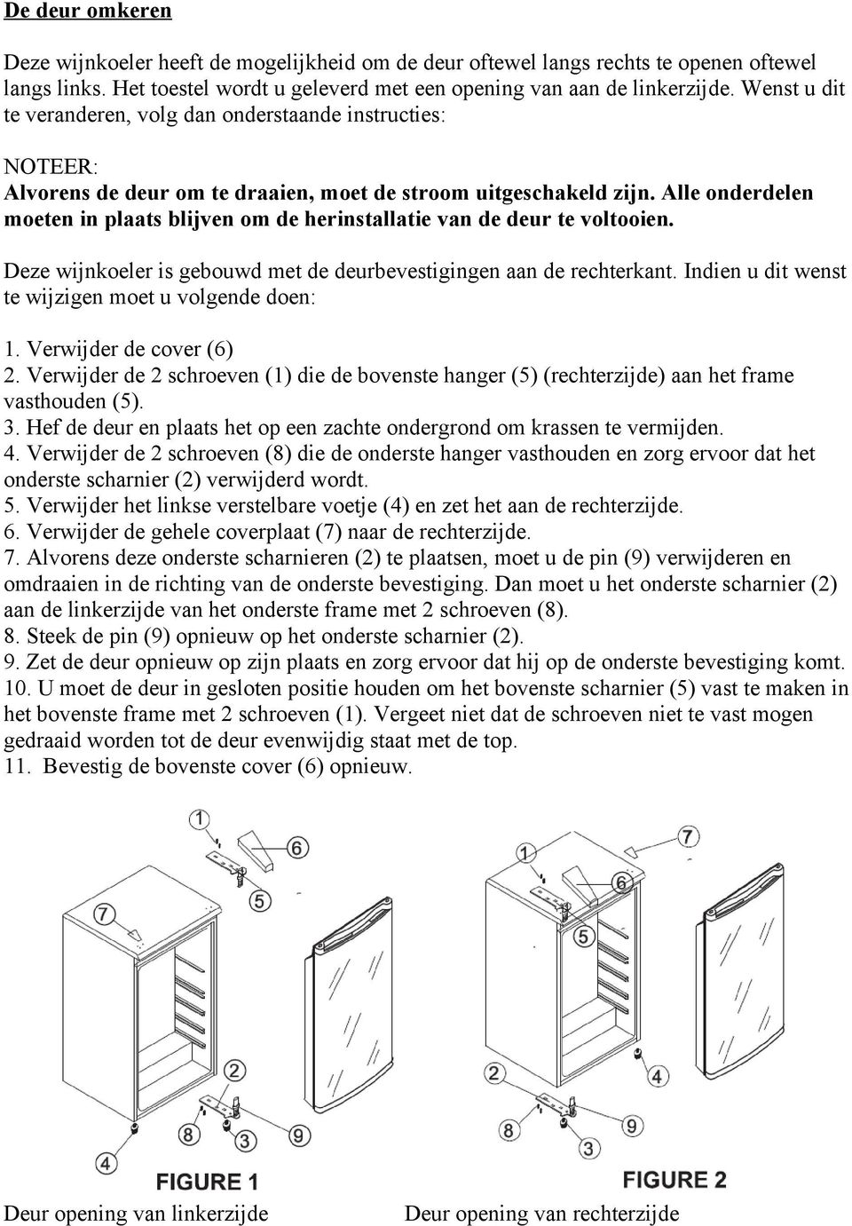 Alle onderdelen moeten in plaats blijven om de herinstallatie van de deur te voltooien. Deze wijnkoeler is gebouwd met de deurbevestigingen aan de rechterkant.