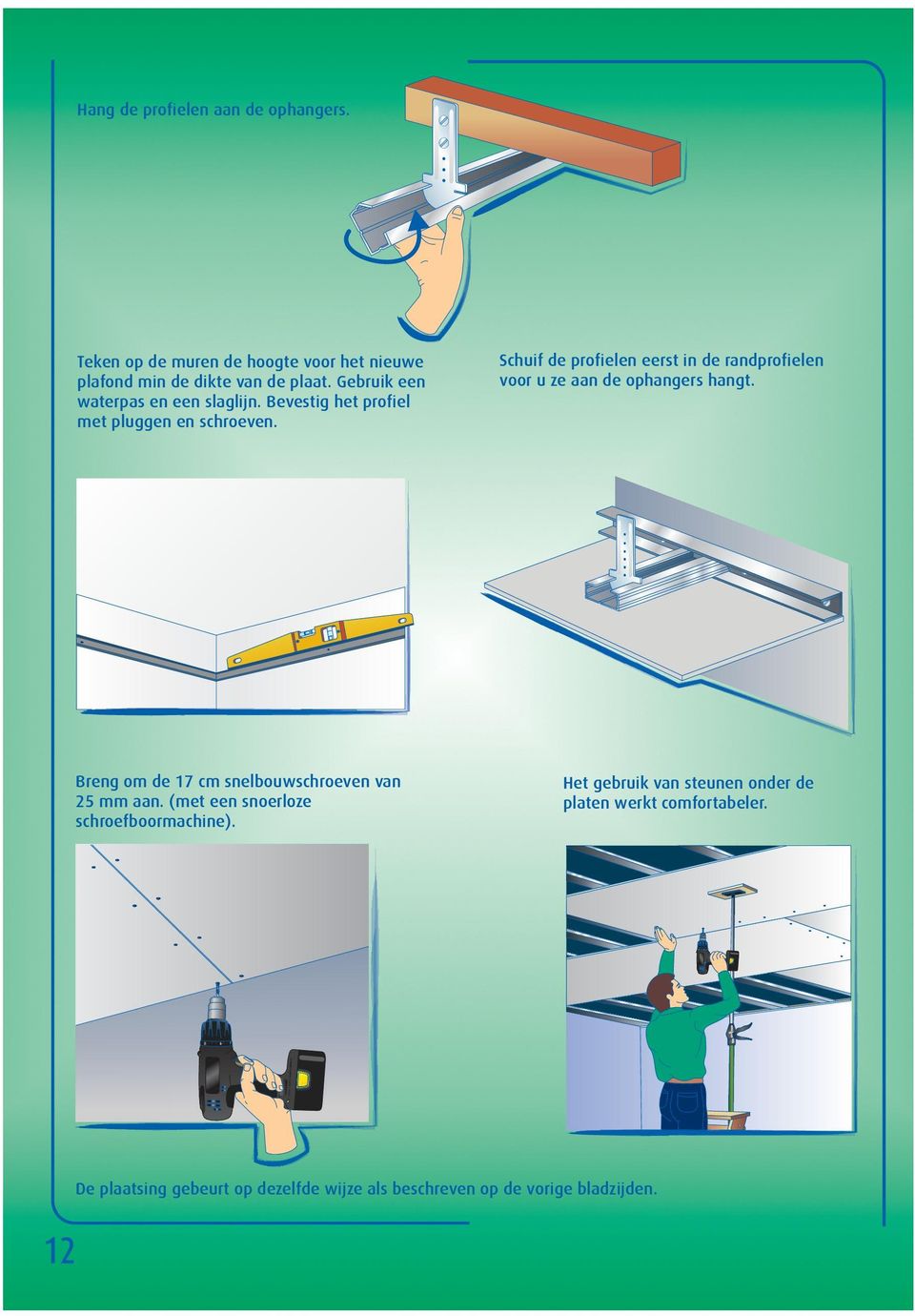 12 4 Breng om de 17 cm snelbouwschroeven van 25 mm aan. (met een snoerloze schroefboormachine).