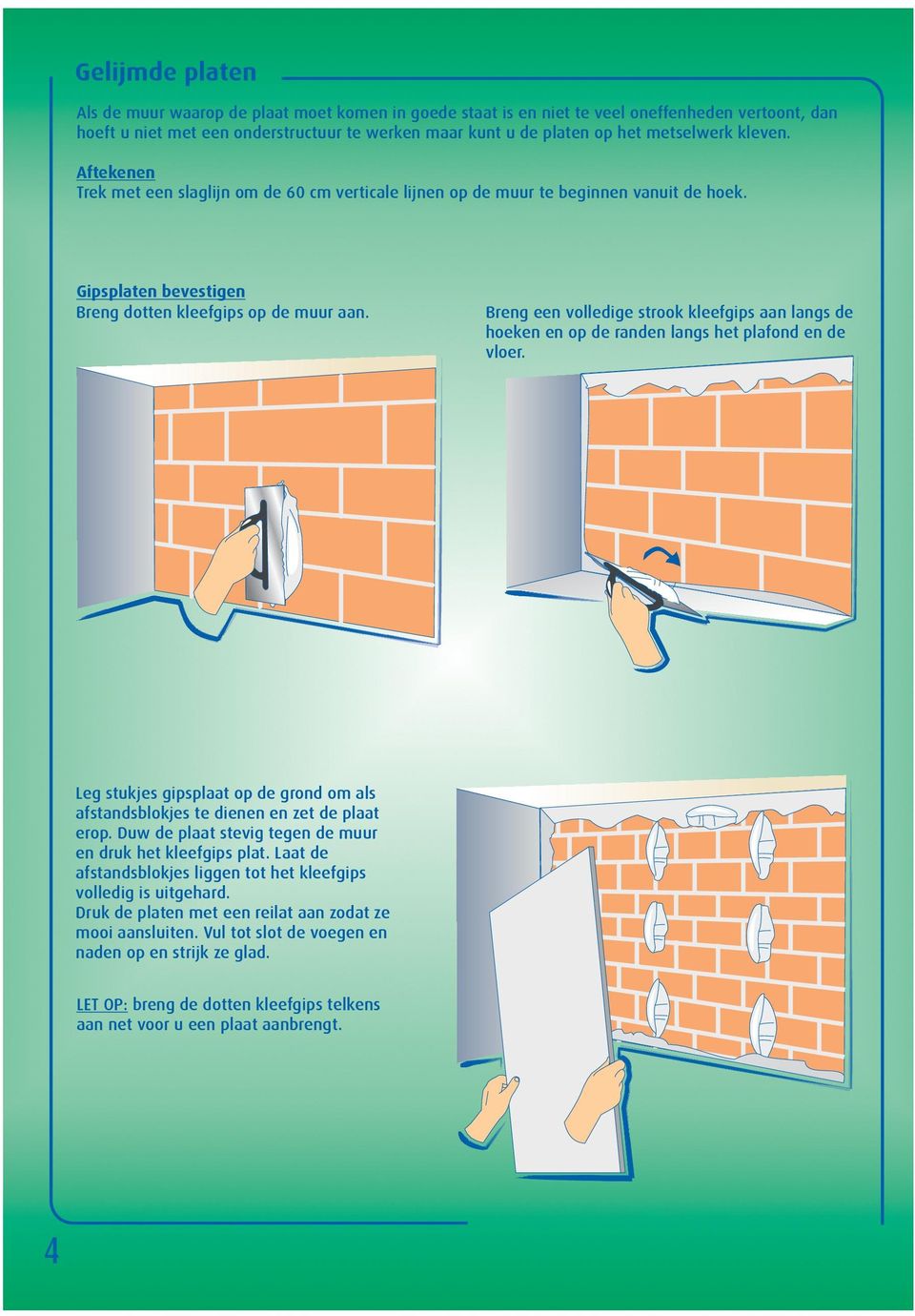 Leg stukjes gipsplaat op de grond om als afstandsblokjes te dienen en zet de plaat erop. Duw de plaat stevig tegen de muur en druk het kleefgips plat.