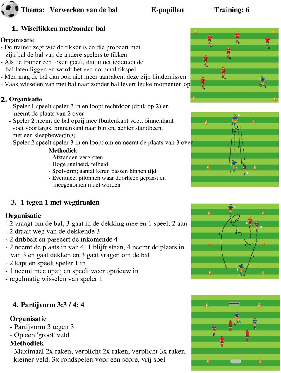 liggen en wordt het een normaal tikspel - Men mag de bal dan ook niet meer aanraken, deze zijn hindernissen - Vaak wisselen van met bal naar zonder bal levert leuke momenten op - Speler 1 speelt