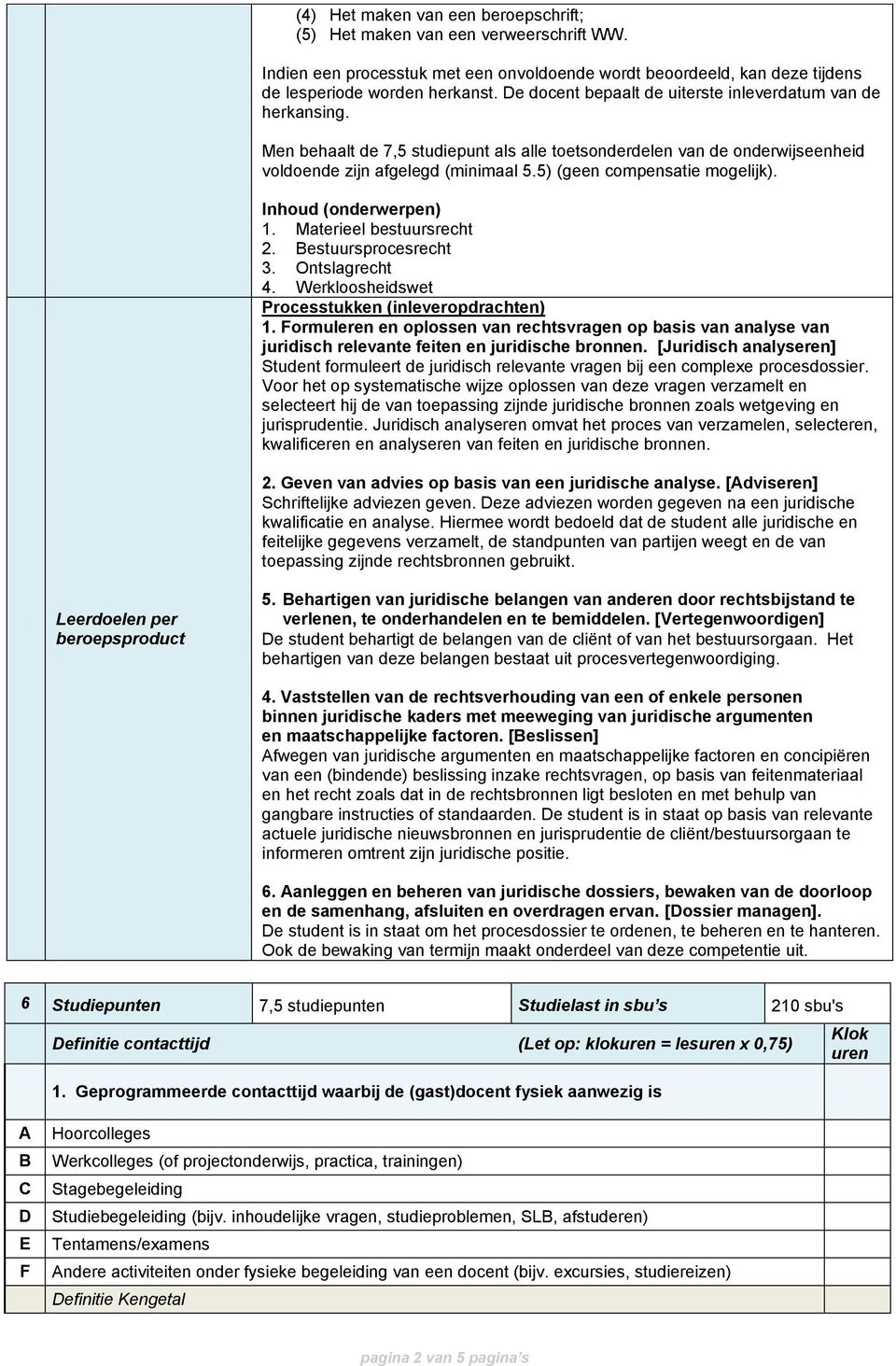 5) (geen compensatie mogelijk). Inhoud (onderwerpen) 1. Materieel bestuursrecht 2. Bestuursprocesrecht 3. Ontslagrecht 4. Werkloosheidswet Processtukken (inleveropdrachten) 1.