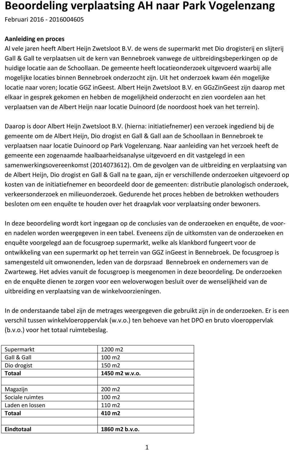 de wens de supermarkt met Dio drogisterij en slijterij Gall & Gall te verplaatsen uit de kern van Bennebroek vanwege de uitbreidingsbeperkingen op de huidige locatie aan de Schoollaan.