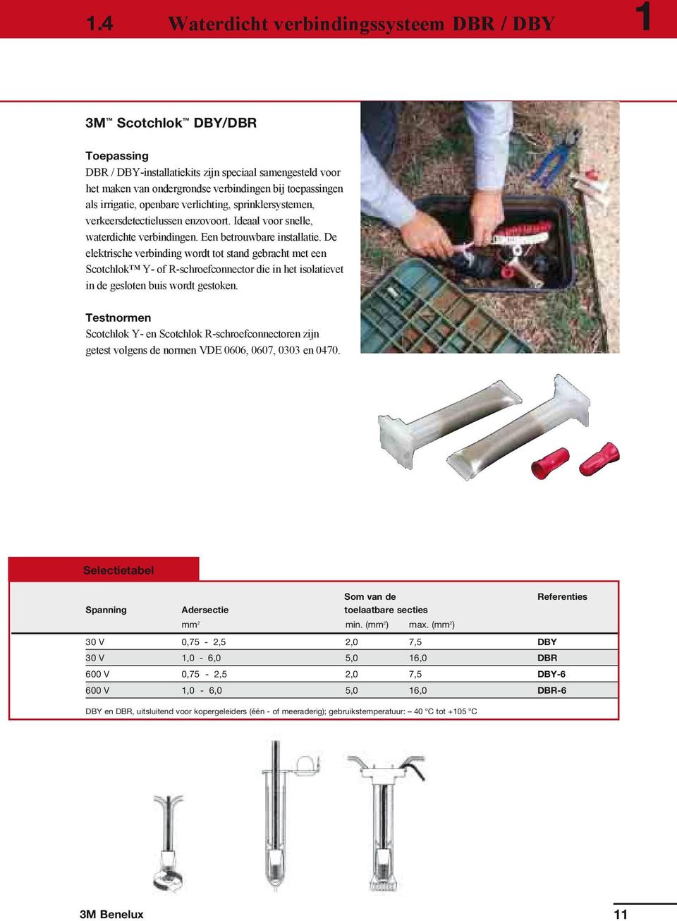 De elektrische verbinding wordt tot stand gebracht met een Scotchlok Y- of R-schroefconnector die in het isolatievet in de gesloten buis wordt gestoken.