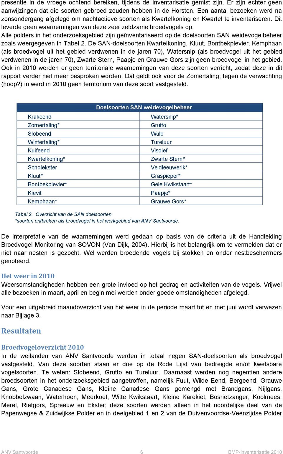 Alle polders in het onderzoeksgebied zijn geïnventariseerd op de doelsoorten SAN weidevogelbeheer zoals weergegeven in Tabel 2.