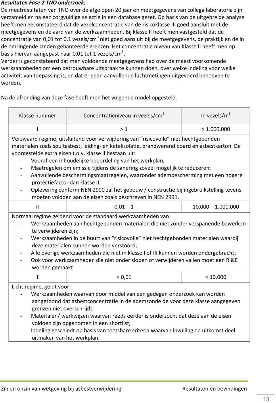 Bij klasse II heeft men vastgesteld dat de concentratie van 0,01 tot 0,1 vezels/cm 3 niet goed aansluit bij de meetgegevens, de praktijk en de in de omringende landen gehanteerde grenzen.