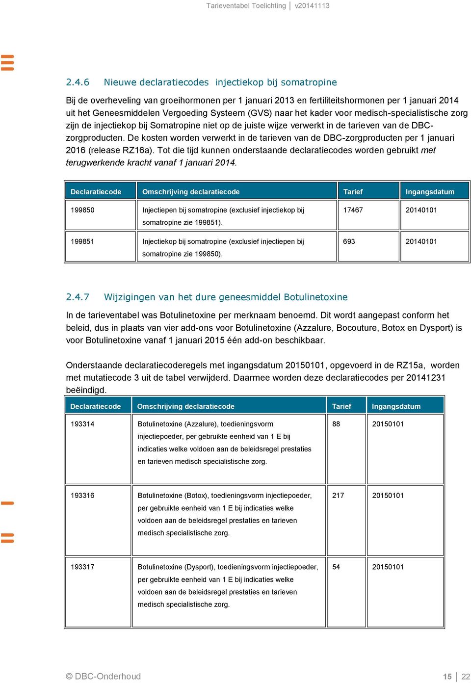 De kosten worden verwerkt in de tarieven van de DBC-zorgproducten per 1 januari 2016 (release RZ16a).