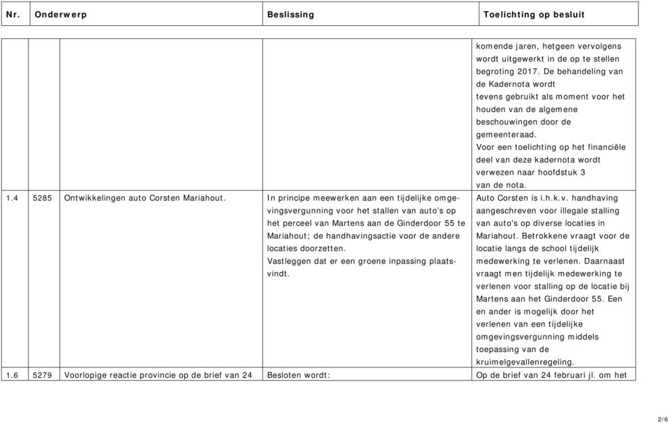 Voor een toelichting op het financiële deel van deze kadernota wordt verwezen naar hoofdstuk 3 van de nota. 1.4 5285 Ontwikkelingen auto Corsten Mariahout.