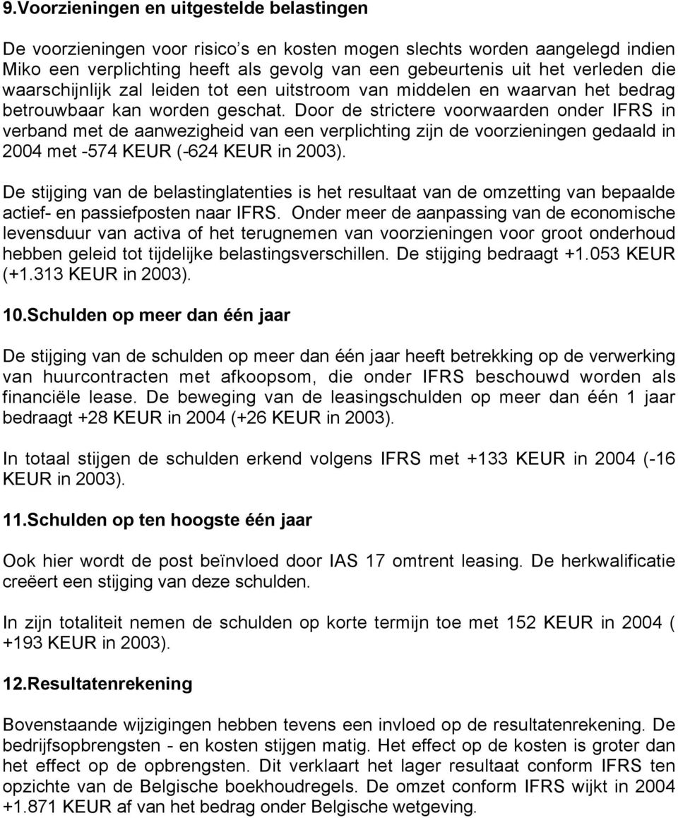 Door de strictere voorwaarden onder IFRS in verband met de aanwezigheid van een verplichting zijn de voorzieningen gedaald in 2004 met -574 KEUR (-624 KEUR in 2003).