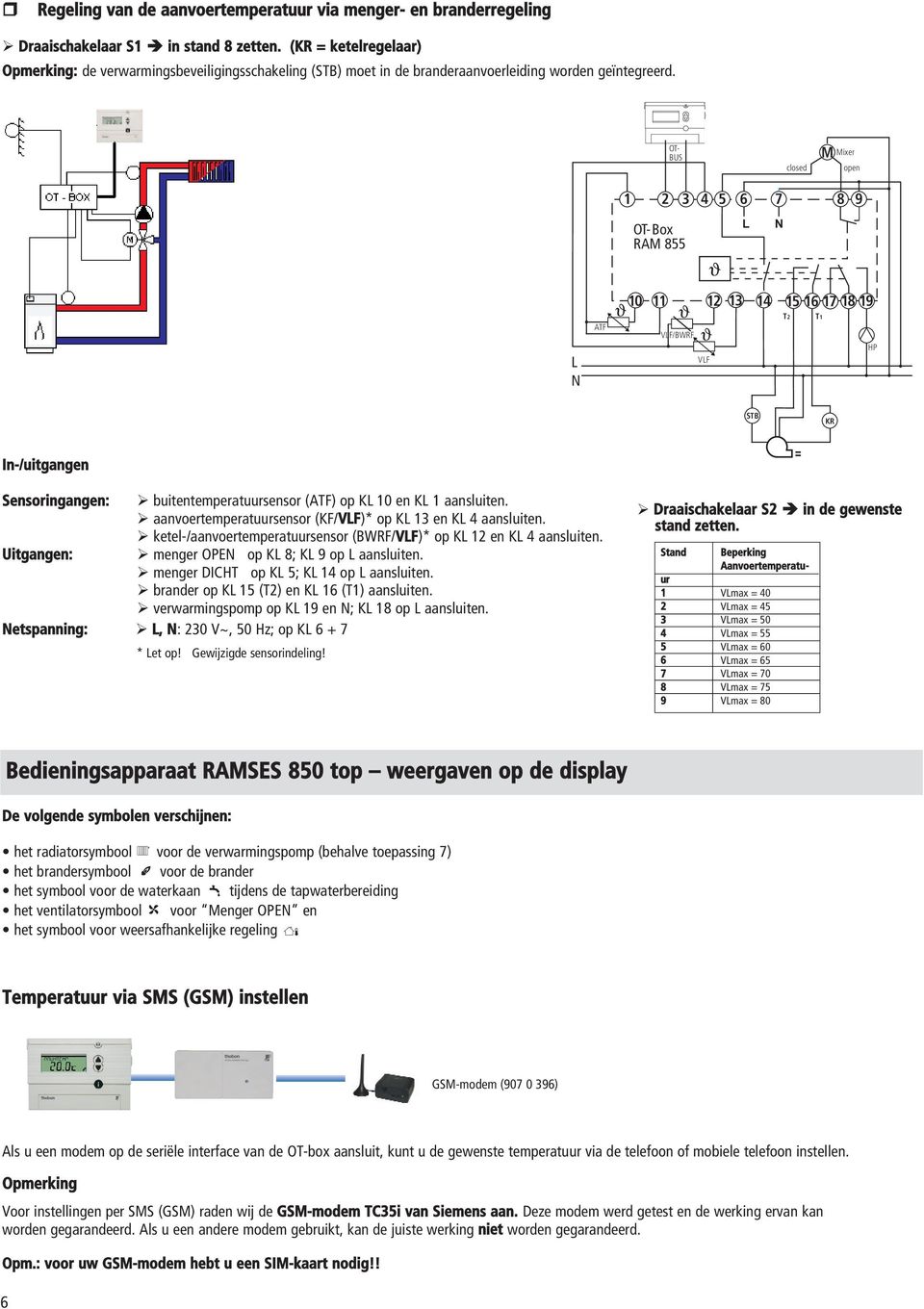 closed M Mixer open Box VF/BWRF VF T2 T1 STB KR Sensoringangen: buitentemperatuursensor () op K 10 en K 1 aansluiten. aanvoertemperatuursensor (KF/VF)* op K 13 en K 4 aansluiten.