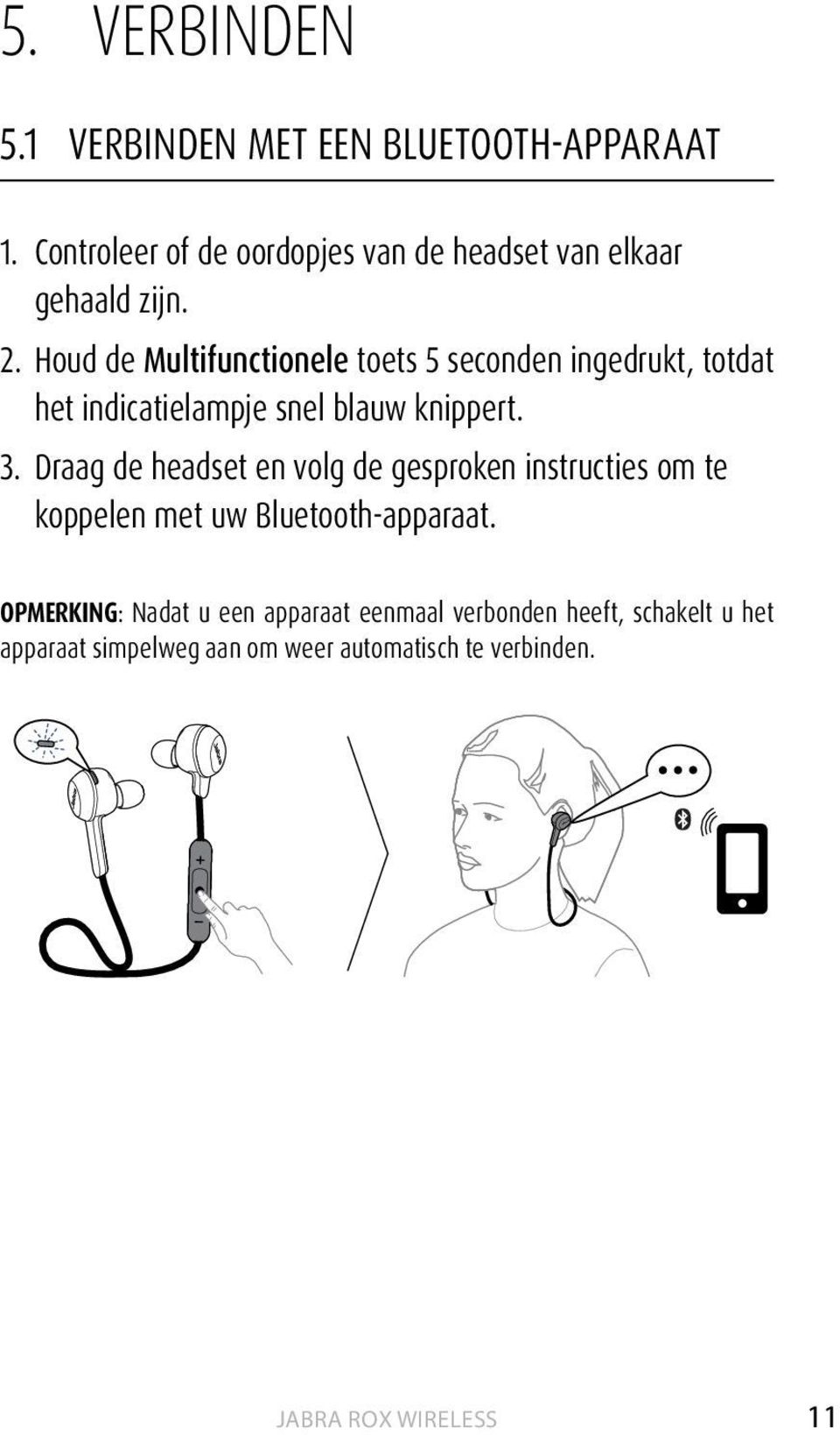 Houd de Multifunctionele toets 5 seconden ingedrukt, totdat het indicatielampje snel blauw knippert. 3.