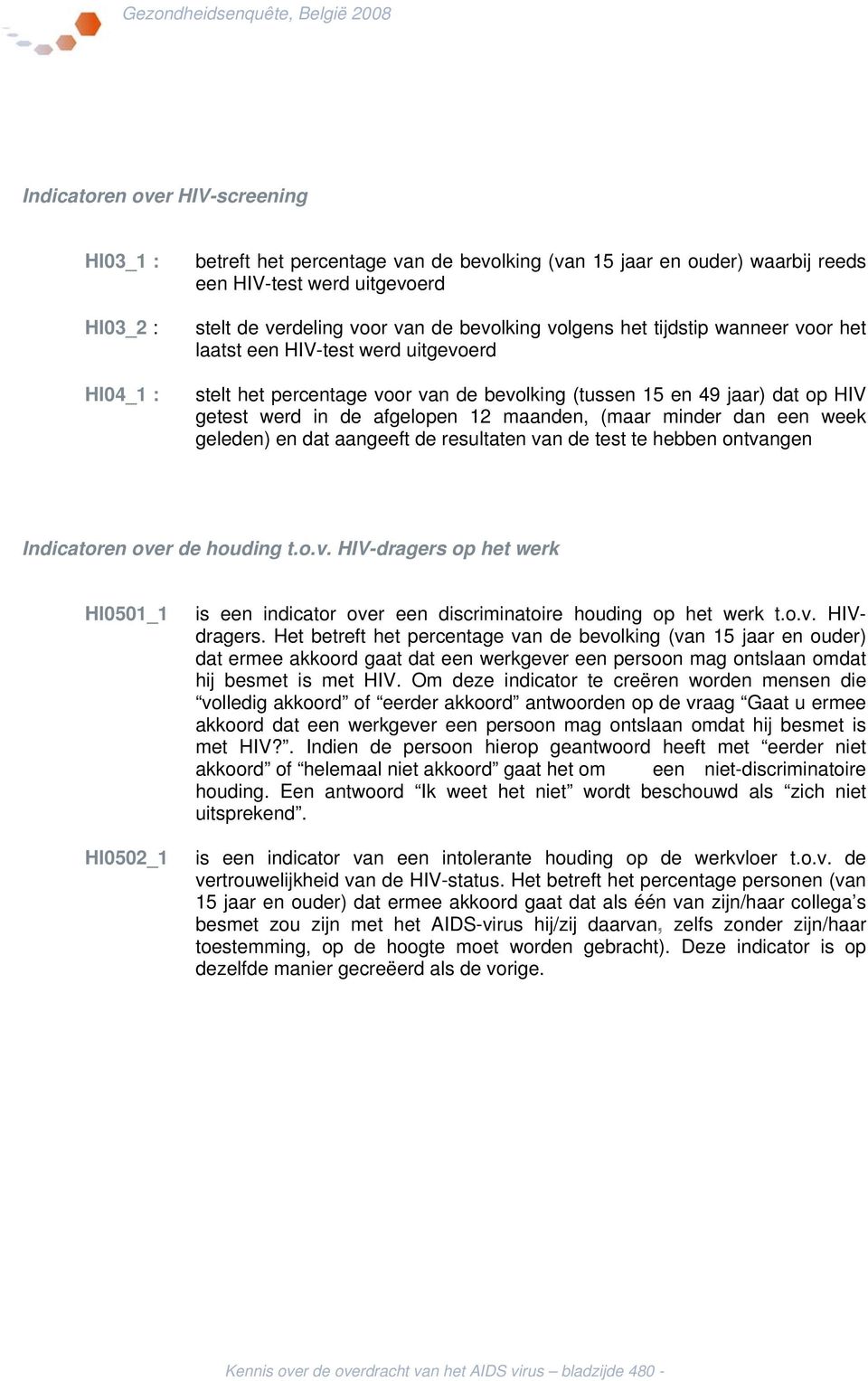 maanden, (maar minder dan een week geleden) en dat aangeeft de resultaten van de test te hebben ontvangen Indicatoren over de houding t.o.v. HIV-dragers op het werk HI0501_1 HI0502_1 is een indicator over een discriminatoire houding op het werk t.