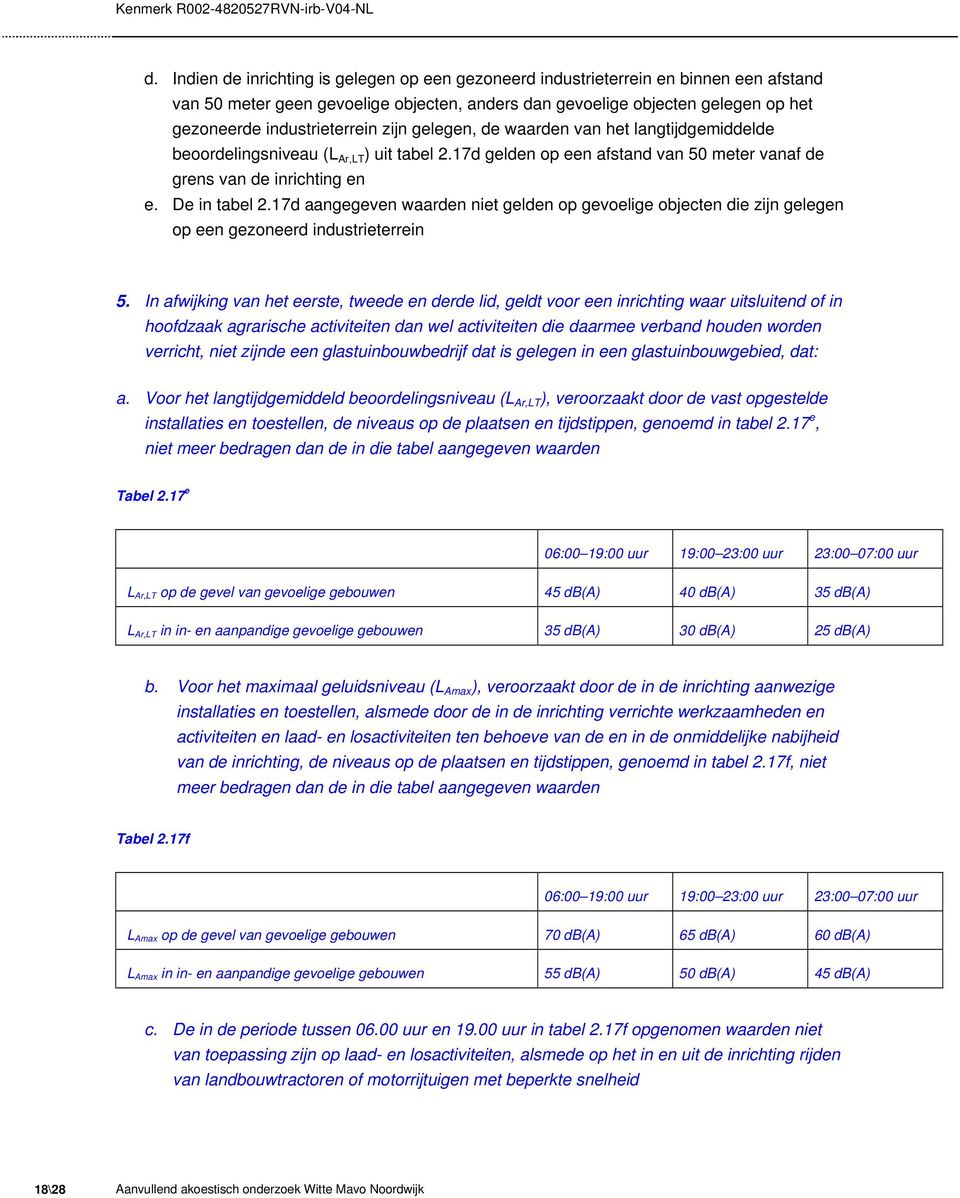 zijn gelegen, de waarden van het langtijdgemiddelde beoordelingsniveau (L Ar,LT ) uit tabel 2.17d gelden op een afstand van 50 meter vanaf de grens van de inrichting en e. De in tabel 2.