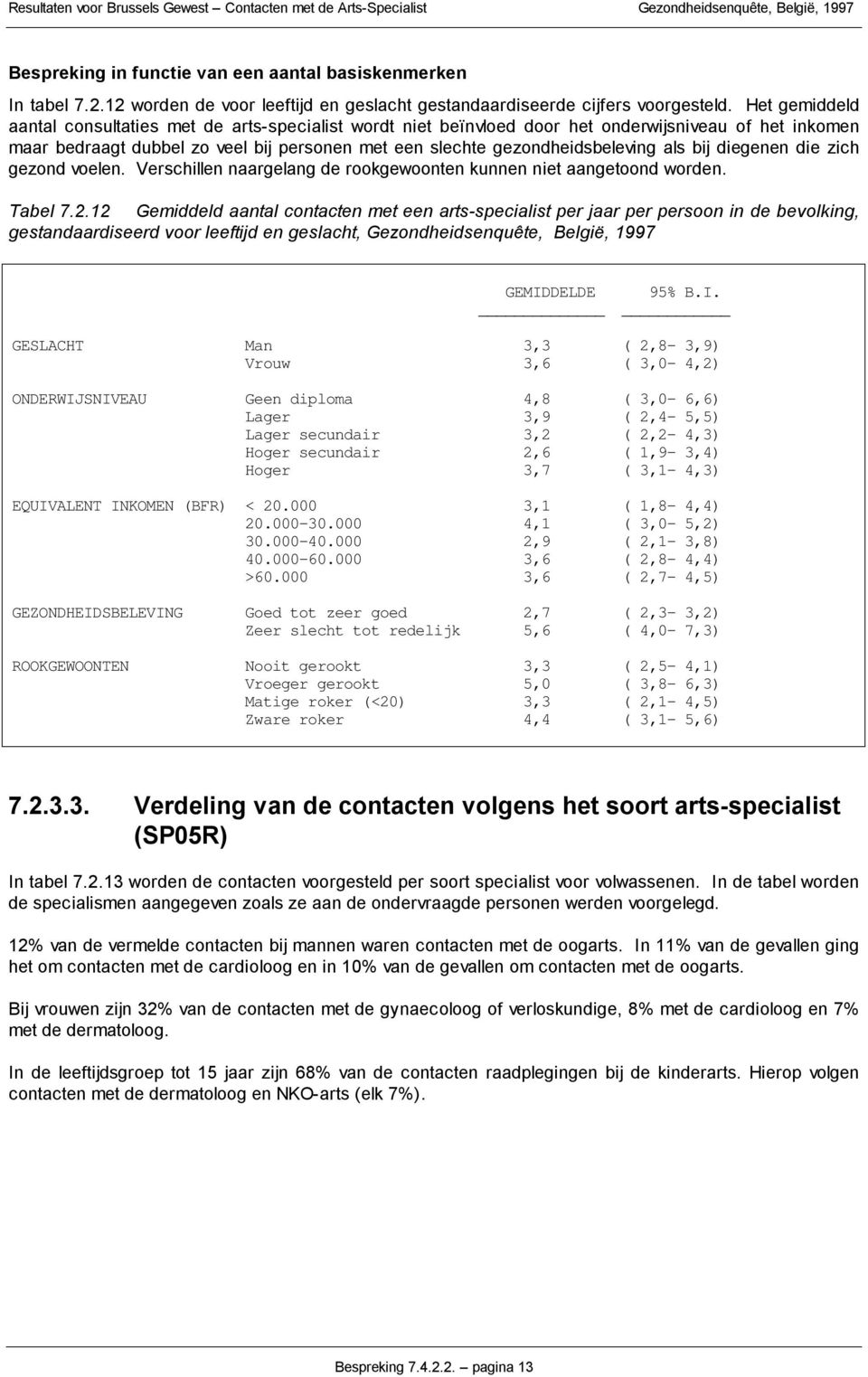 bij diegenen die zich gezond voelen. Verschillen naargelang de rookgewoonten kunnen niet aangetoond worden. Tabel 7.2.