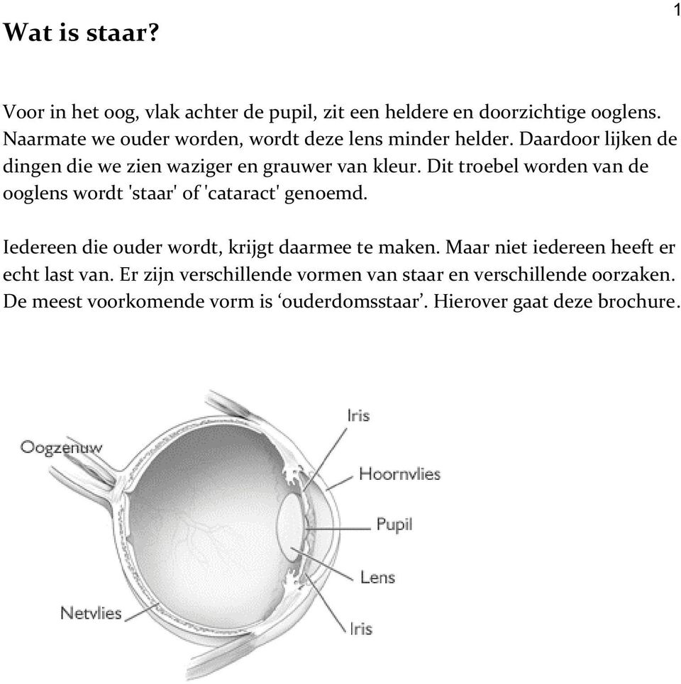 Dit troebel worden van de ooglens wordt 'staar' of 'cataract' genoemd. Iedereen die ouder wordt, krijgt daarmee te maken.