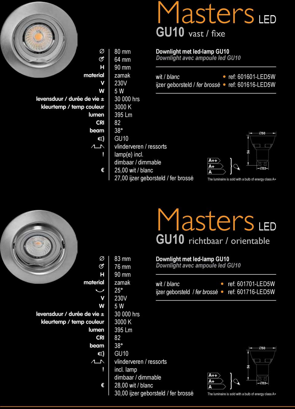 22 25,00 wit / blanc 27,00 ijzer geborsteld / fer brossé Masters richtbaar / orientable kleurtemp / temp couleur lumen Ï 83 mm Downlight met led-lamp