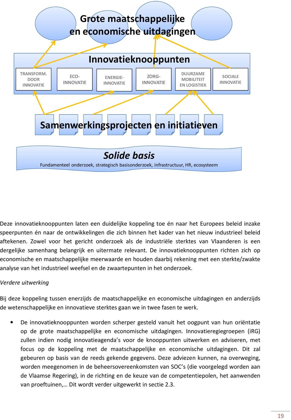 strategisch basisonderzoek, infrastructuur, HR, ecosysteem Deze innovatieknooppunten laten een duidelijke koppeling toe én naar het Europees beleid inzake speerpunten én naar de ontwikkelingen die