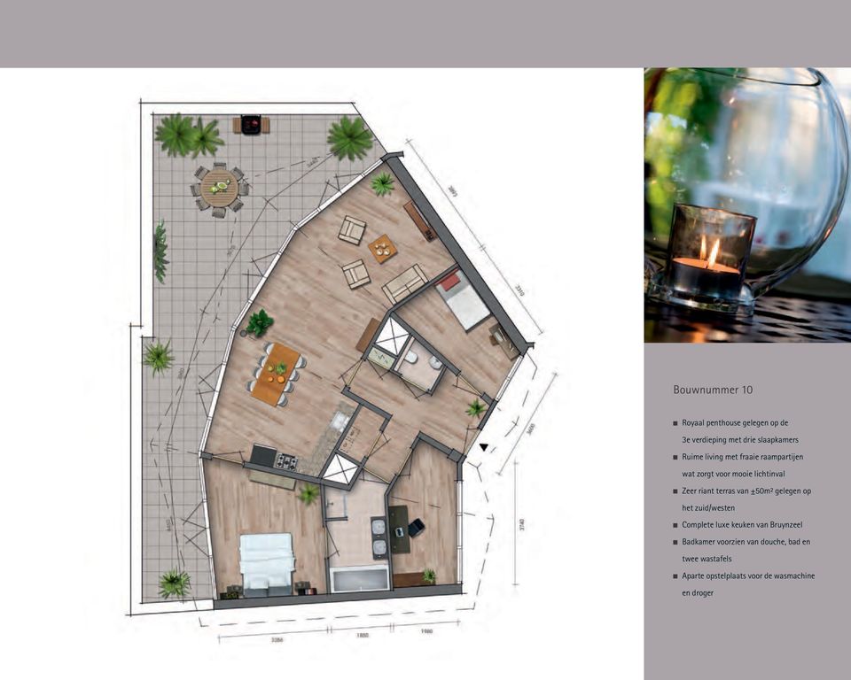 terras van ±50m² gelegen op het zuid/westen Complete luxe keuken van Bruynzeel