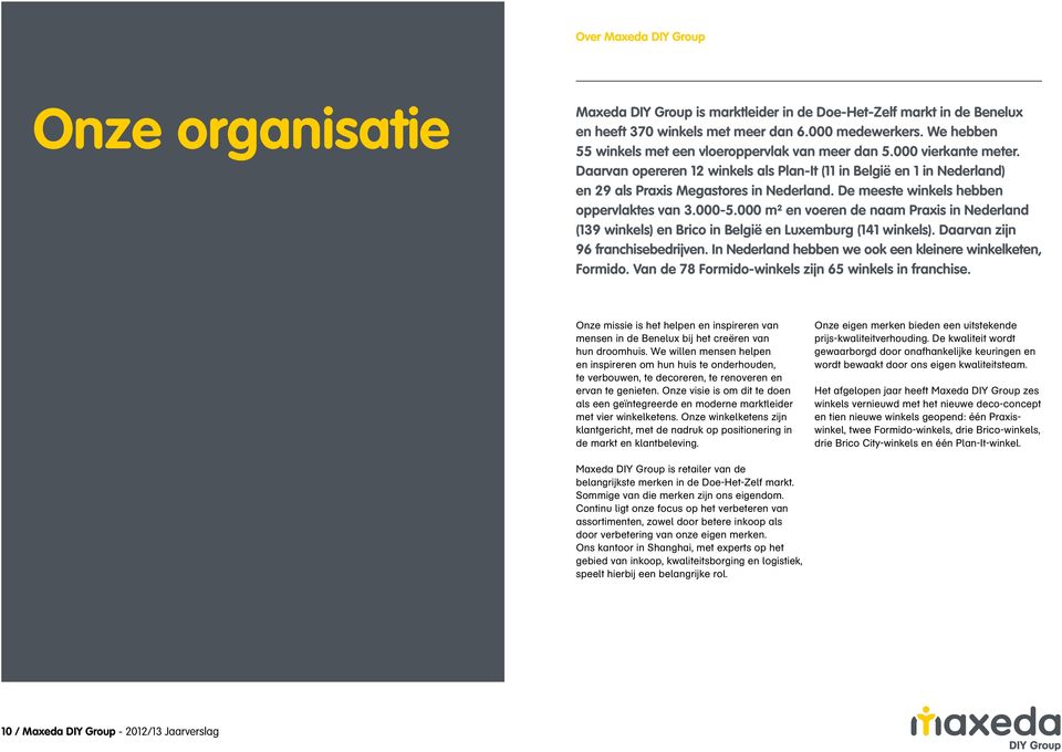 De meeste winkels hebben oppervlaktes van 3.000-5.000 m² en voeren de naam Praxis in Nederland (139 winkels) en Brico in België en Luxemburg (141 winkels). Daarvan zijn 96 franchisebedrijven.