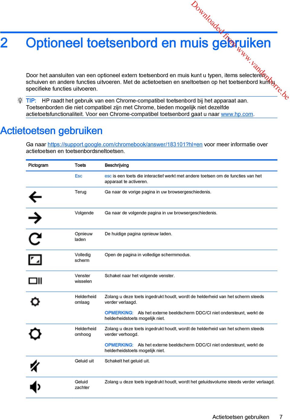 Toetsenborden die niet compatibel zijn met Chrome, bieden mogelijk niet dezelfde actietoetsfunctionaliteit. Voor een Chrome-compatibel toetsenbord gaat u naar www.hp.com. Actietoetsen gebruiken Ga naar https://support.