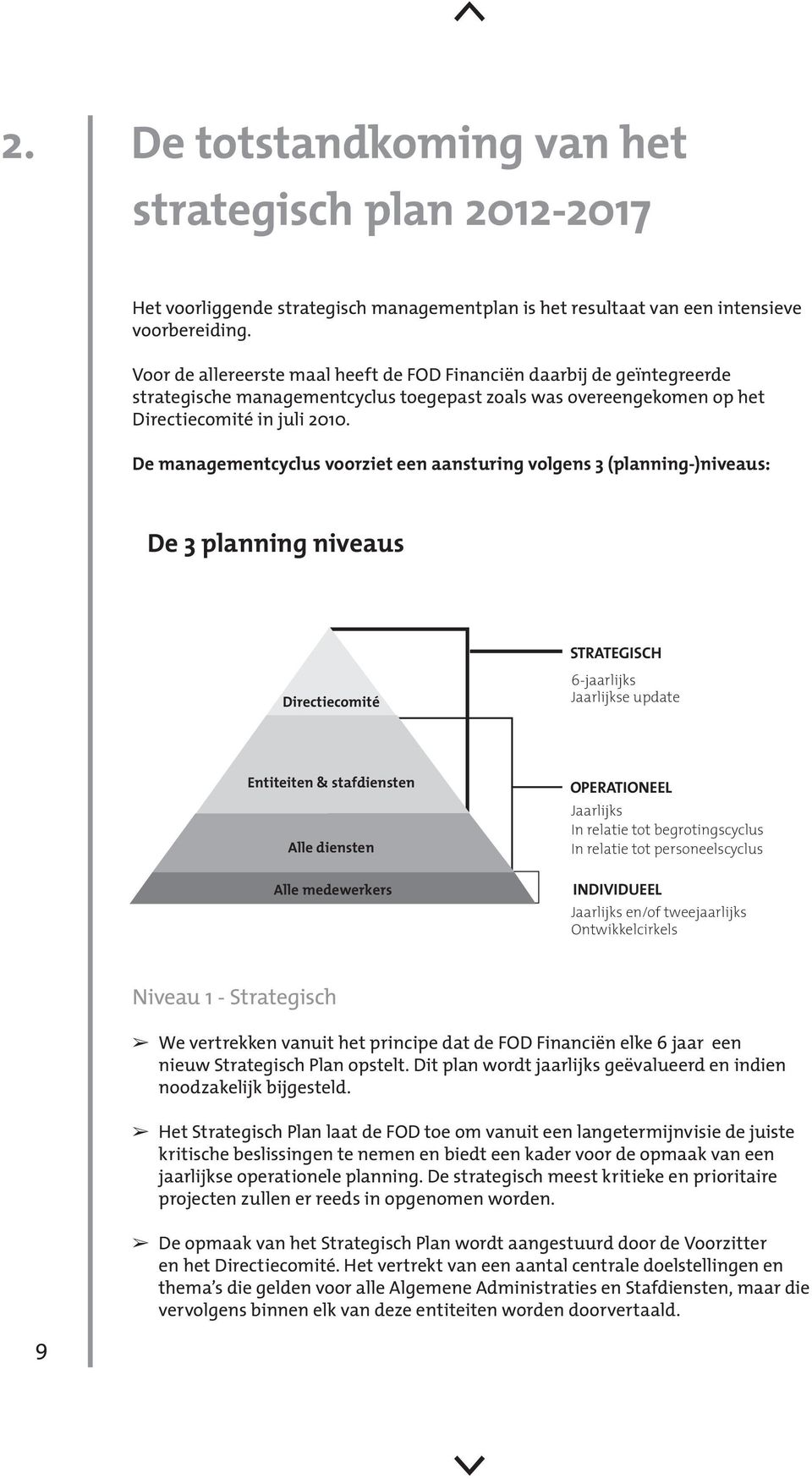 De managementcyclus voorziet een aansturing volgens 3 (planning-)niveaus: De 3 planning niveaus STRATEGISCH Directiecomité 6-jaarlijks Jaarlijkse update Entiteiten & stafdiensten Alle diensten Alle