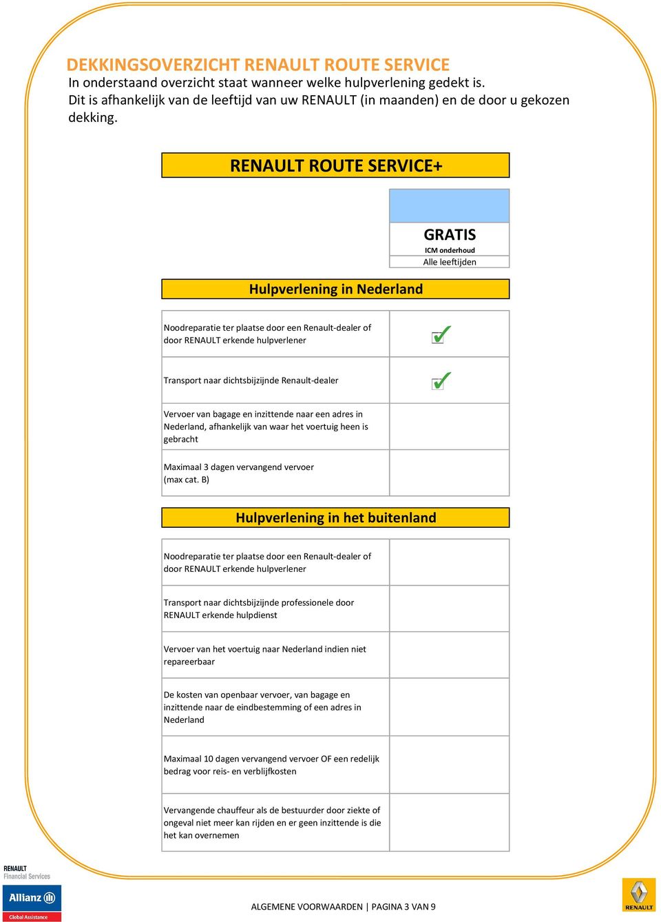 RENAULT ROUTE SERVICE+ Hulpverlening in Nederland GRATIS ICM onderhoud Alle leeftijden Noodreparatie ter plaatse door een Renault-dealer of door RENAULT erkende hulpverlener Transport naar