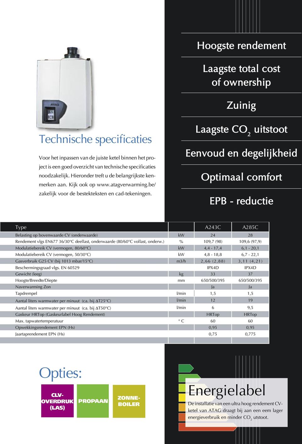 Laagste CO 2 uitstoot Eenvoud en degelijkheid Optimaal comfort EPB - reductie Type A243C A285C Belasting op bovenwaarde CV (onderwaarde) kw 24 28 Rendement vlgs EN677 36/30 C deellast, onderwaarde