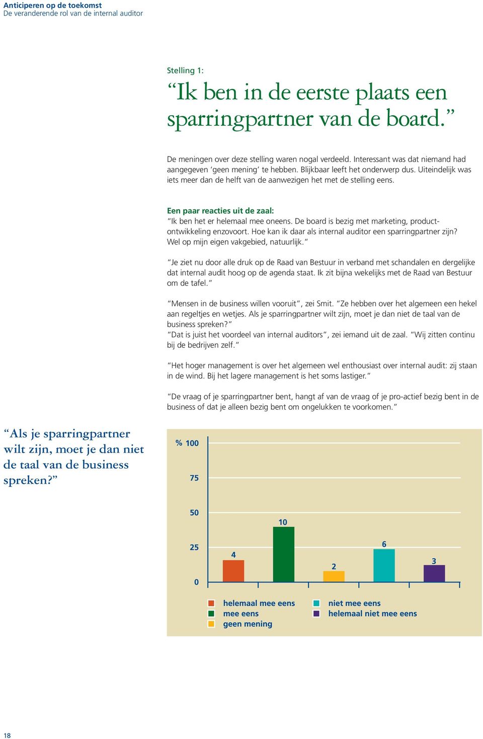 De board is bezig met marketing, productontwikkeling enzovoort. Hoe kan ik daar als internal auditor een sparringpartner zijn? Wel op mijn eigen vakgebied, natuurlijk.