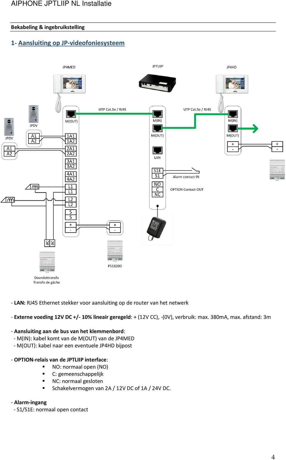 afstand: 3m - Aansluiting aan de bus van het klemmenbord: - M(IN): kabel komt van de M(OUT) van de JP4MED - M(OUT): kabel naar een eventuele JP4HD