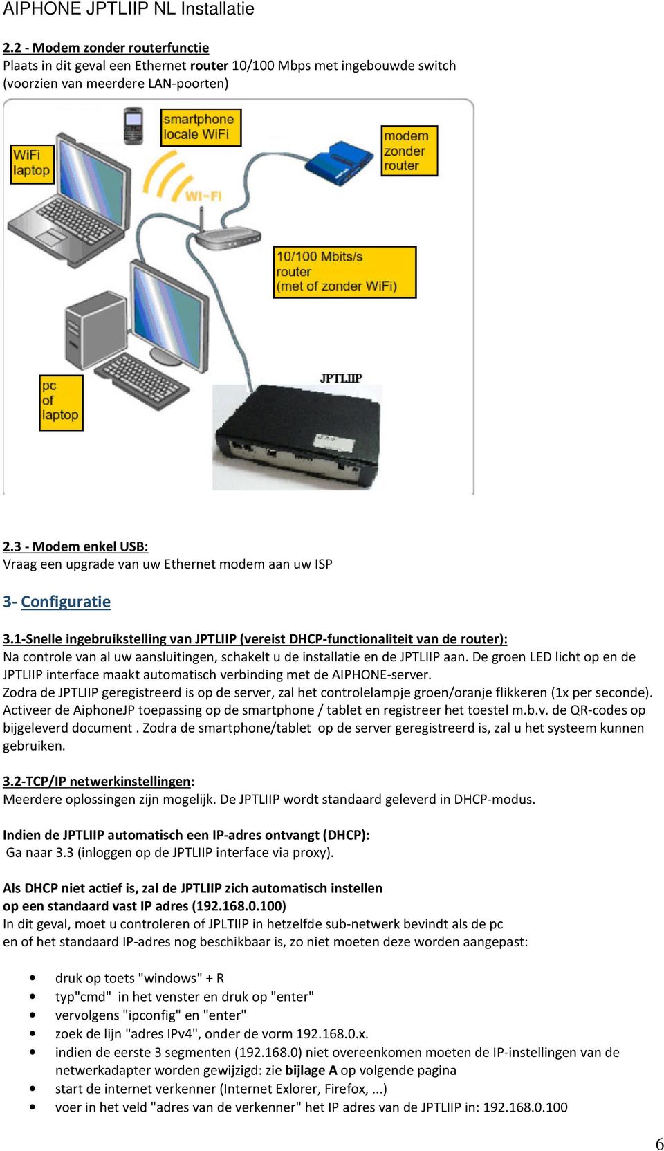 1-Snelle ingebruikstelling van JPTLIIP (vereist DHCP-functionaliteit van de router): Na controle van al uw aansluitingen, schakelt u de installatie en de JPTLIIP aan.