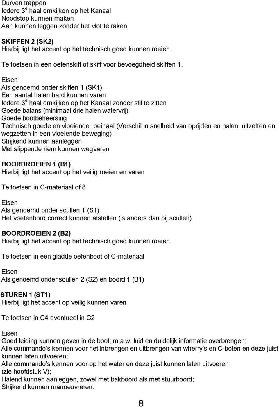 Eisen Als genoemd onder skiffen 1 (SK1): Een aantal halen hard kunnen varen Iedere 3 e haal omkijken op het Kanaal zonder stil te zitten Goede balans (minimaal drie halen watervrij) Goede