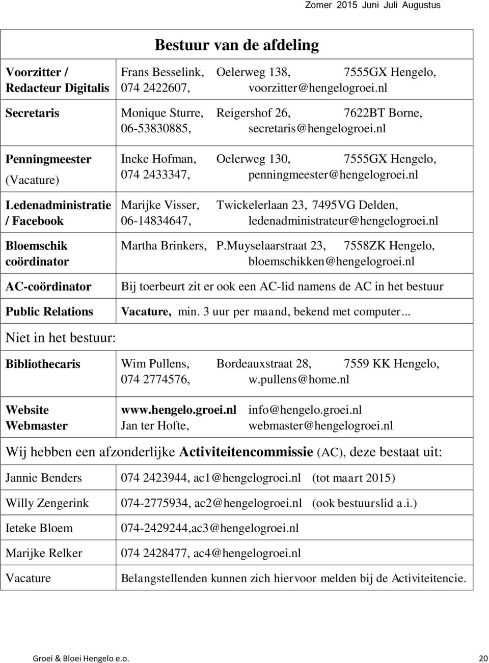 nl Penningmeester (Vacature) Ledenadministratie / Facebook Bloemschik coördinator AC-coördinator Public Relations Ineke Hofman, Oelerweg 130, 7555GX Hengelo, 074 2433347, penningmeester@hengelogroei.