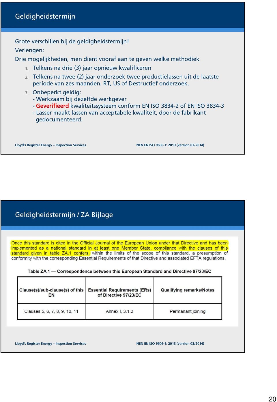 Telkens na twee (2) jaar onderzoek twee productielassen uit de laatste periode van zes maanden. RT, US of Destructief onderzoek. 3.