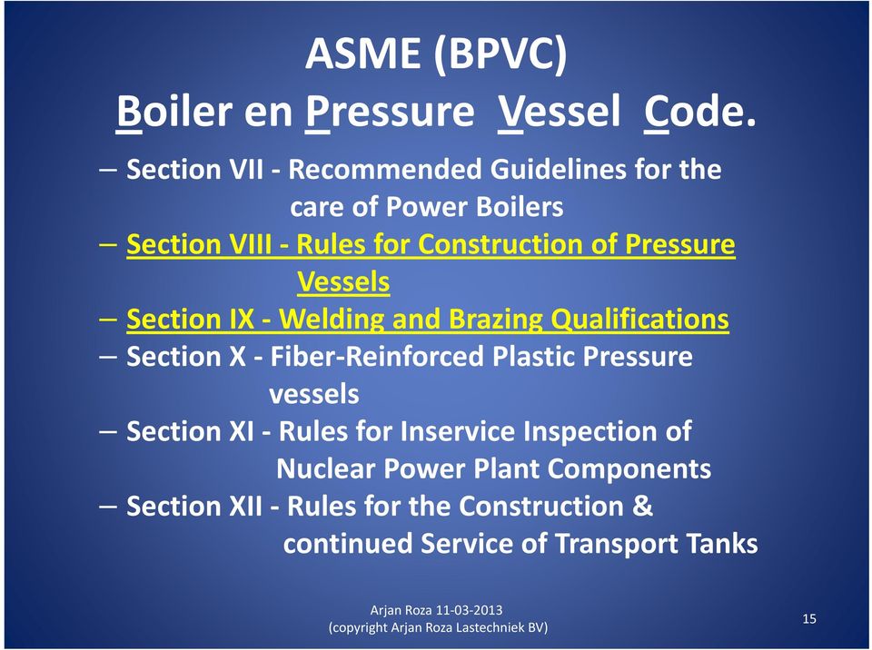 Pressure Vessels Section IX Welding and Brazing Qualifications Section X Fiber Reinforced Plastic