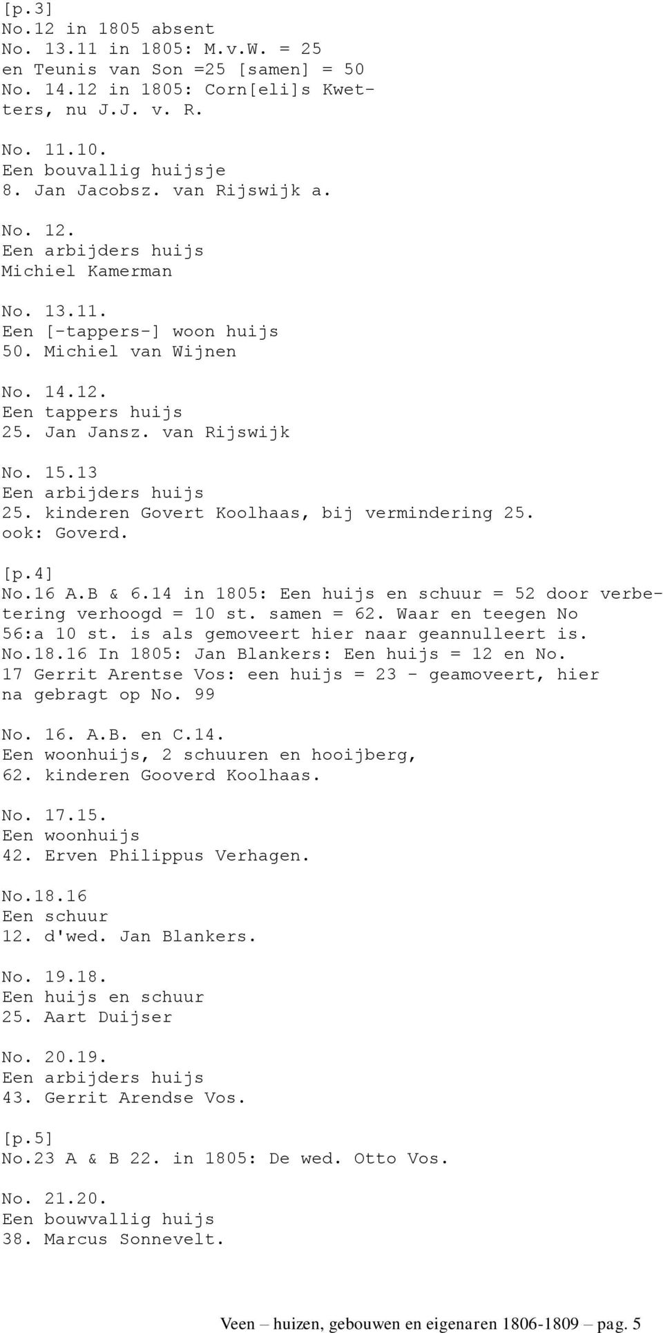 kinderen Govert Koolhaas, bij vermindering 25. ook: Goverd. [p.4] No.16 A.B & 6.14 in 1805: Een huijs en schuur = 52 door verbetering verhoogd = 10 st. samen = 62. Waar en teegen No 56:a 10 st.