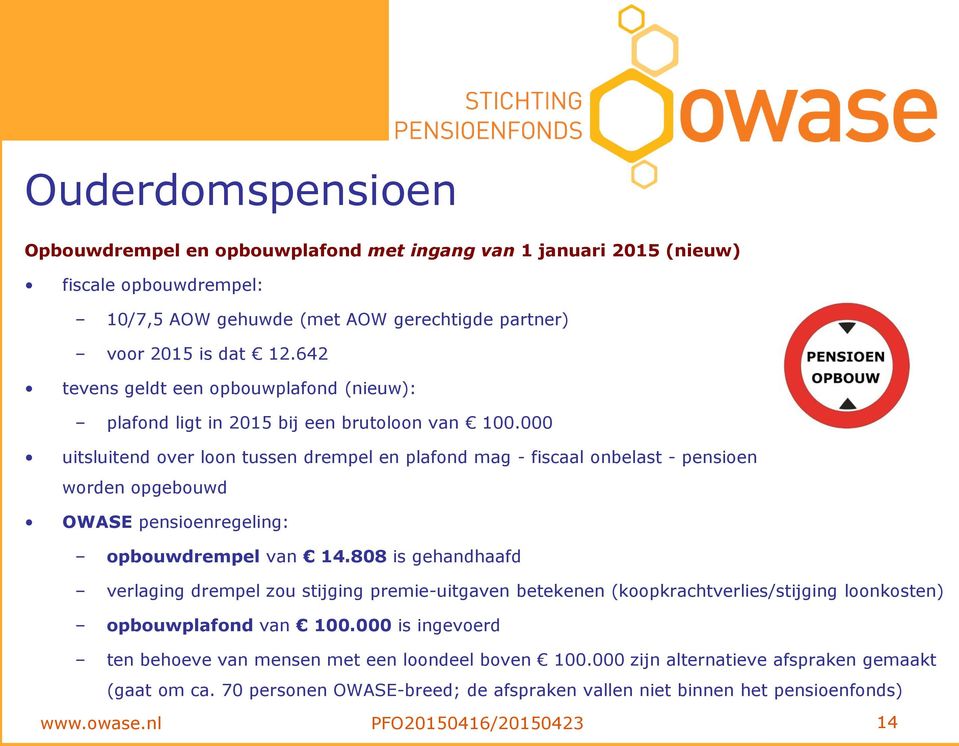 000 uitsluitend over loon tussen drempel en plafond mag - fiscaal onbelast - pensioen worden opgebouwd OWASE pensioenregeling: opbouwdrempel van 14.