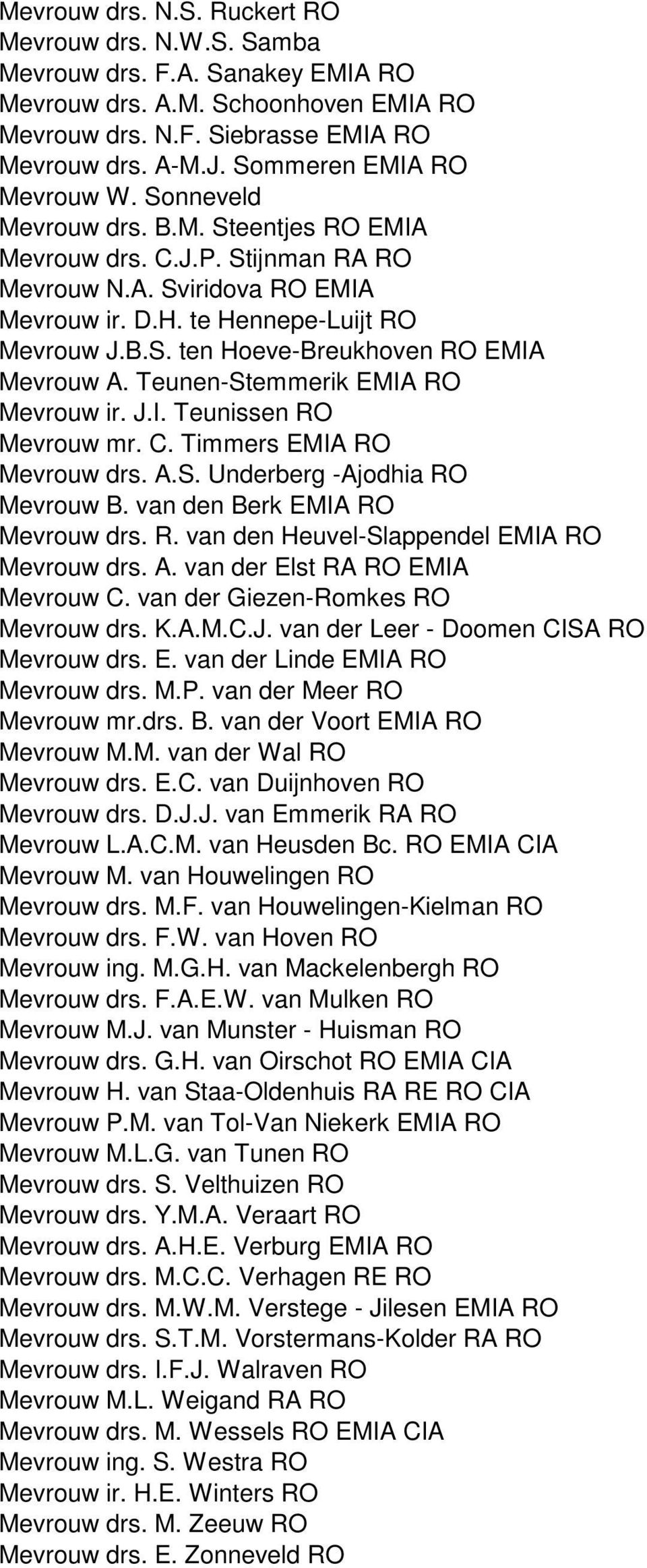 Teunen-Stemmerik EMIA RO Mevrouw ir. J.I. Teunissen RO Mevrouw mr. C. Timmers EMIA RO Mevrouw drs. A.S. Underberg -Ajodhia RO Mevrouw B. van den Berk EMIA RO Mevrouw drs. R. van den Heuvel-Slappendel EMIA RO Mevrouw drs.