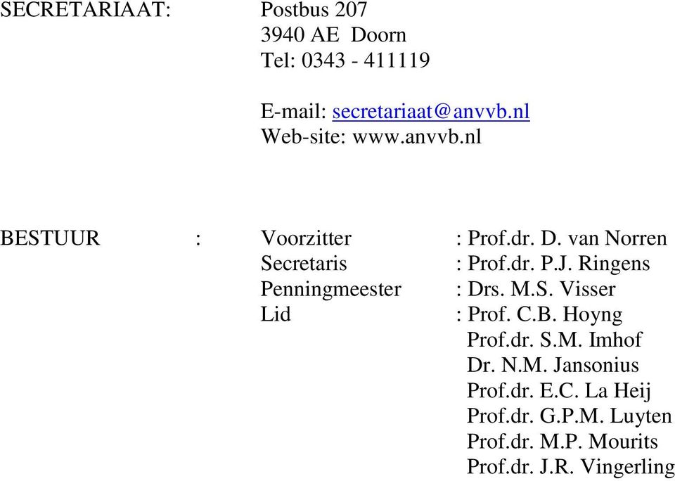 Ringens Penningmeester : Drs. M.S. Visser Lid : Prof. C.B. Hoyng Prof.dr. S.M. Imhof Dr. N.M. Jansonius Prof.