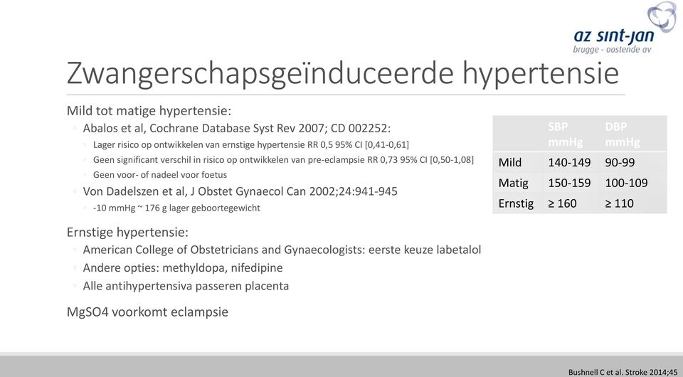 Gynaecol Can 2002;24:941-945 -10 mmhg ~ 176 g lager geboortegewicht SBP mmhg DBP mmhg Mild 140-149 90-99 Matig 150-159 100-109 Ernstig 160 110 Ernstige hypertensie: American College of