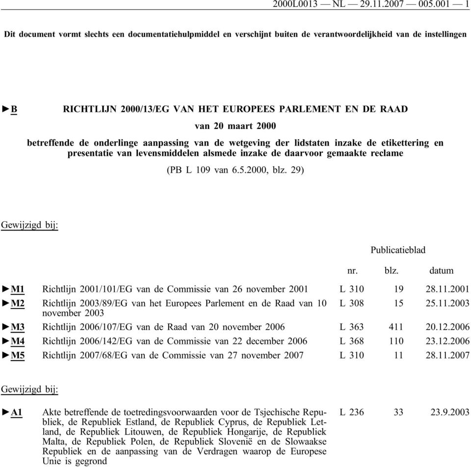 2000 betreffende de onderlinge aanpassing van de wetgeving der lidstaten inzake de etikettering en presentatie van levensmiddelen alsmede inzake de daarvoor gemaakte reclame (PB L 109 van 6.5.