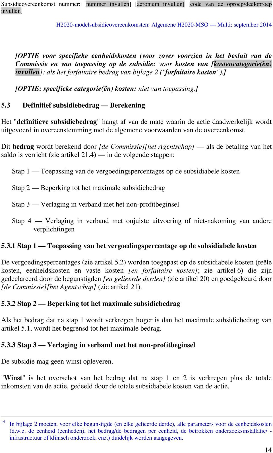 3 Definitief subsidiebedrag Berekening Het "definitieve subsidiebedrag" hangt af van de mate waarin de actie daadwerkelijk wordt uitgevoerd in overeenstemming met de algemene voorwaarden van de