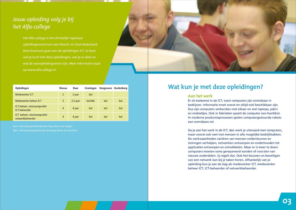 Opleidingen Niveau Duur Groningen Hoogeveen Hardenberg Medewerker ICT 2 2 jaar Medewerker beheer ICT 3 2,5 jaar /bbl ICT-beheer: uitstroomprofiel ICT-beheerder 4 4 jaar ICT- beheer: uitstroomprofiel