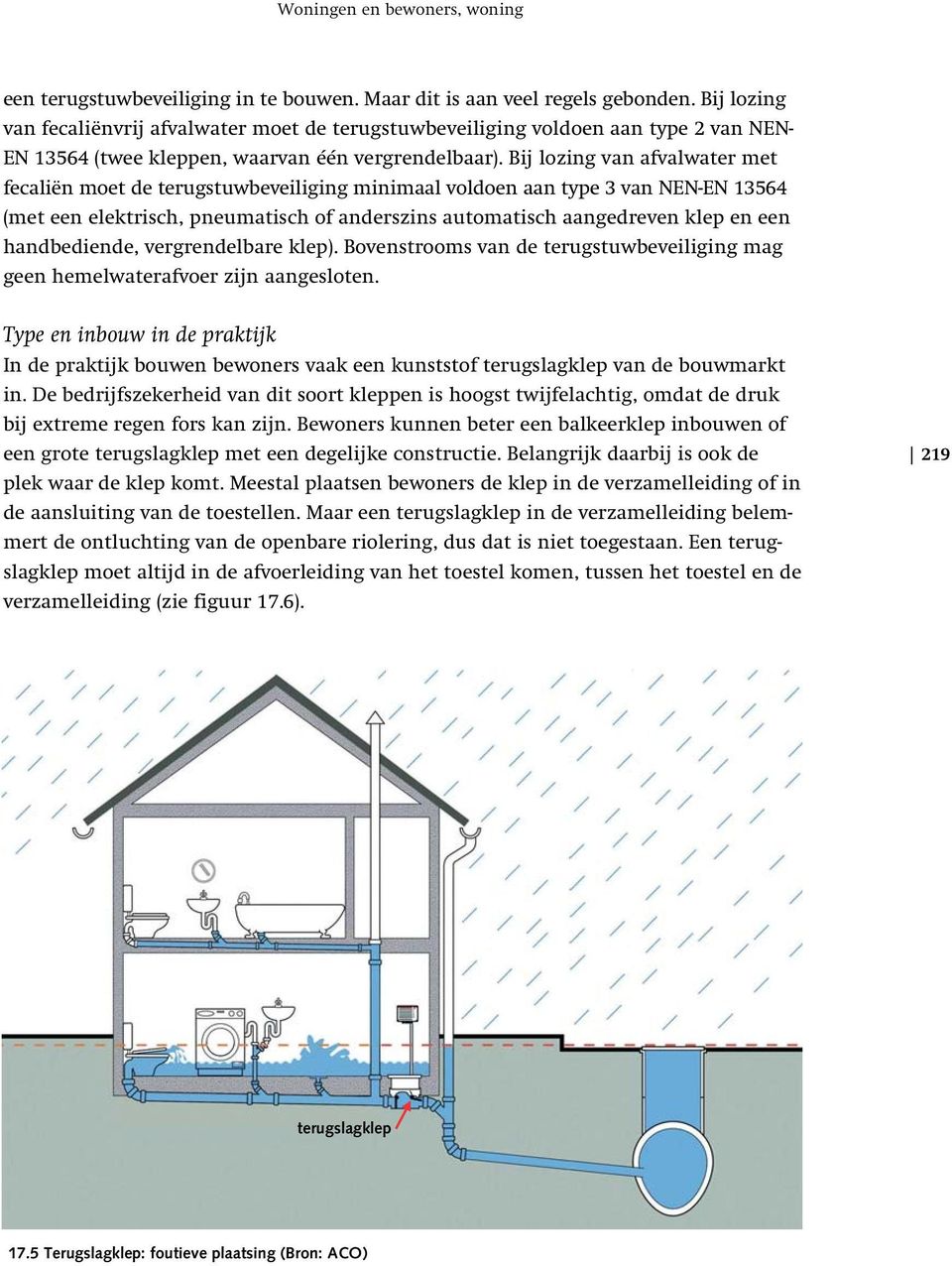 Bij lozing van afvalwater met fecaliën moet de terugstuwbeveiliging minimaal voldoen aan type 3 van NEN-EN 13564 (met een elektrisch, pneumatisch of anderszins automatisch aangedreven klep en een