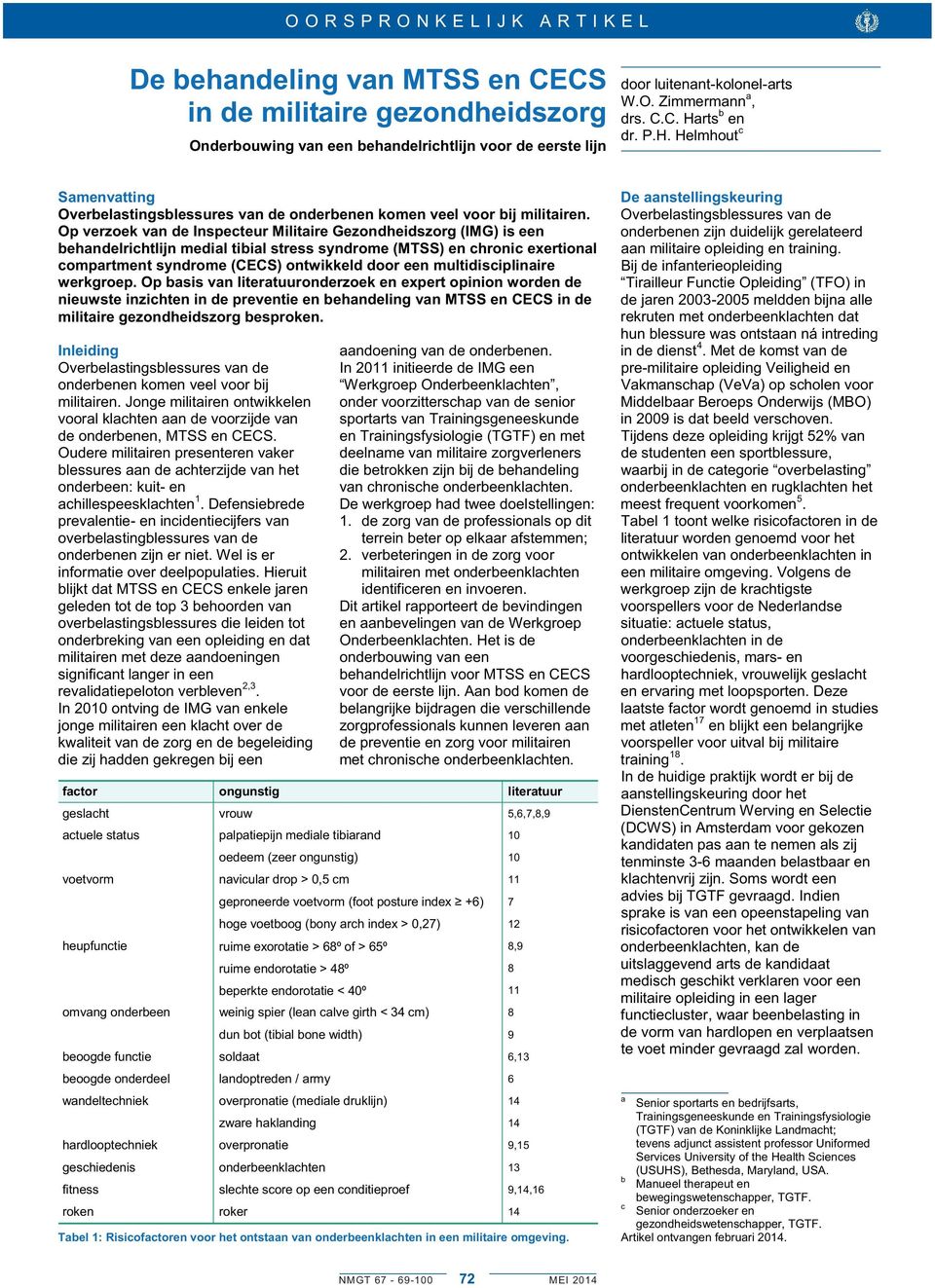 Op verzoek van de Inspecteur Militaire Gezondheidszorg (IMG) is een behandelrichtlijn medial tibial stress syndrome (MTSS) en chronic exertional compartment syndrome (CECS) ontwikkeld door een