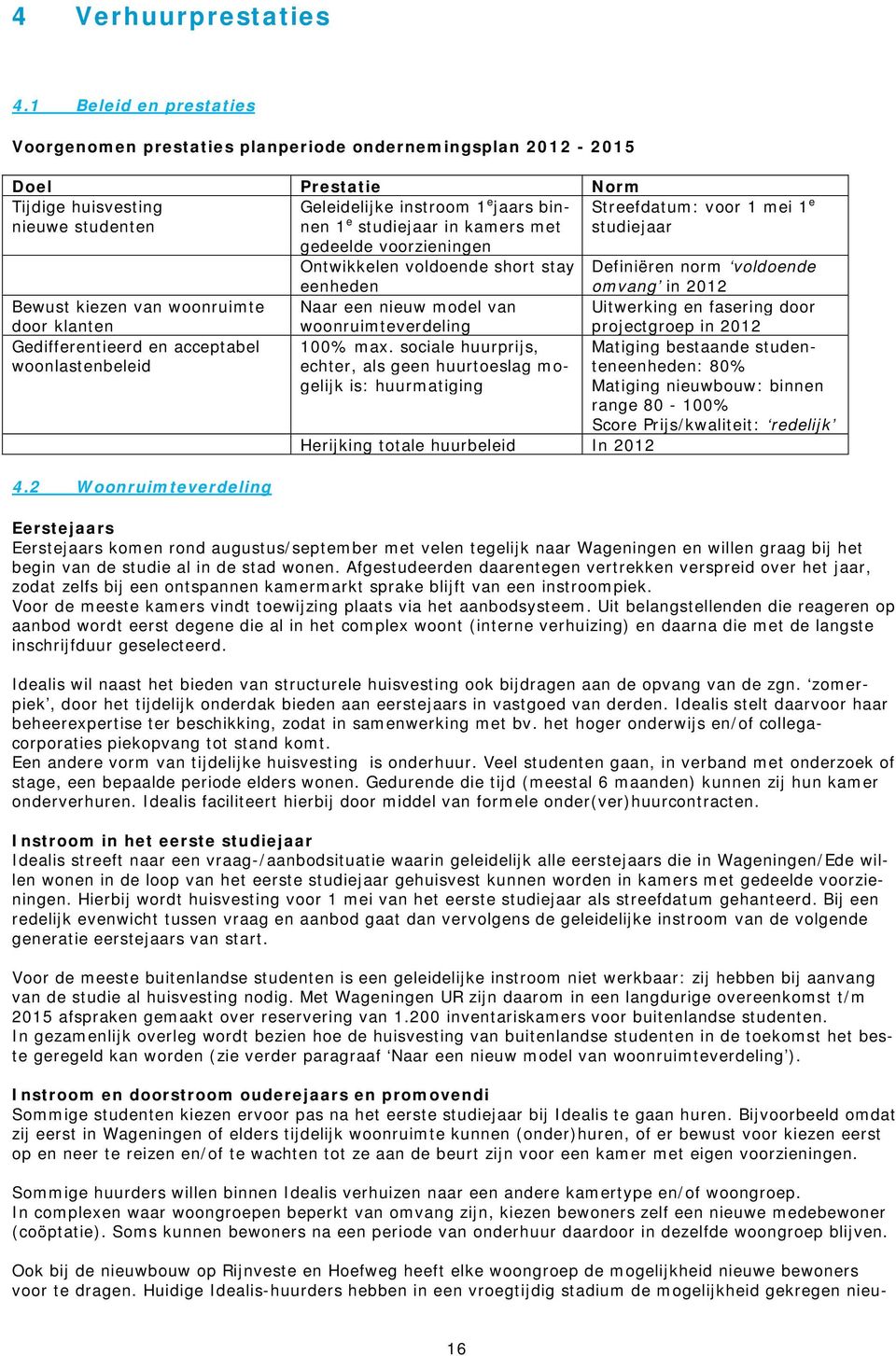 kamers met Streefdatum: voor 1 mei 1 e studiejaar gedeelde voorzieningen Ontwikkelen voldoende short stay eenheden Definiëren norm voldoende omvang in 2012 Bewust kiezen van woonruimte door klanten