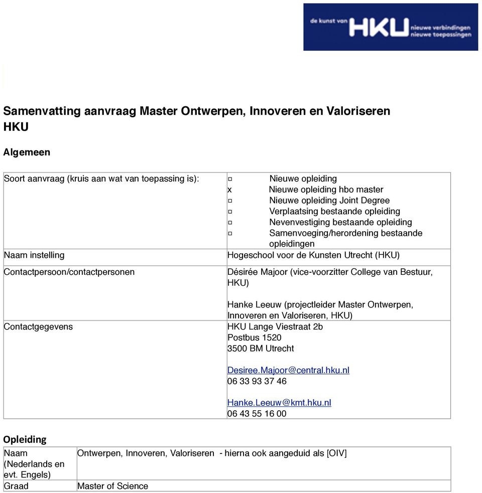 Contactpersoon/contactpersonen Désirée Majoor (vice-voorzitter College van Bestuur, HKU) Contactgegevens Hanke Leeuw (projectleider Master Ontwerpen, Innoveren en Valoriseren, HKU) HKU Lange