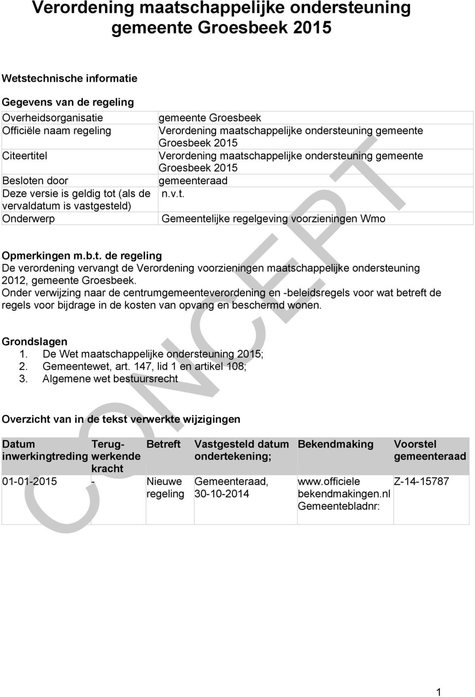 gemeente Groesbeek 2015 gemeenteraad n.v.t. Gemeentelijke regelgeving voorzieningen Wmo Opmerkingen m.b.t. de regeling De verordening vervangt de Verordening voorzieningen maatschappelijke ondersteuning 2012, gemeente Groesbeek.