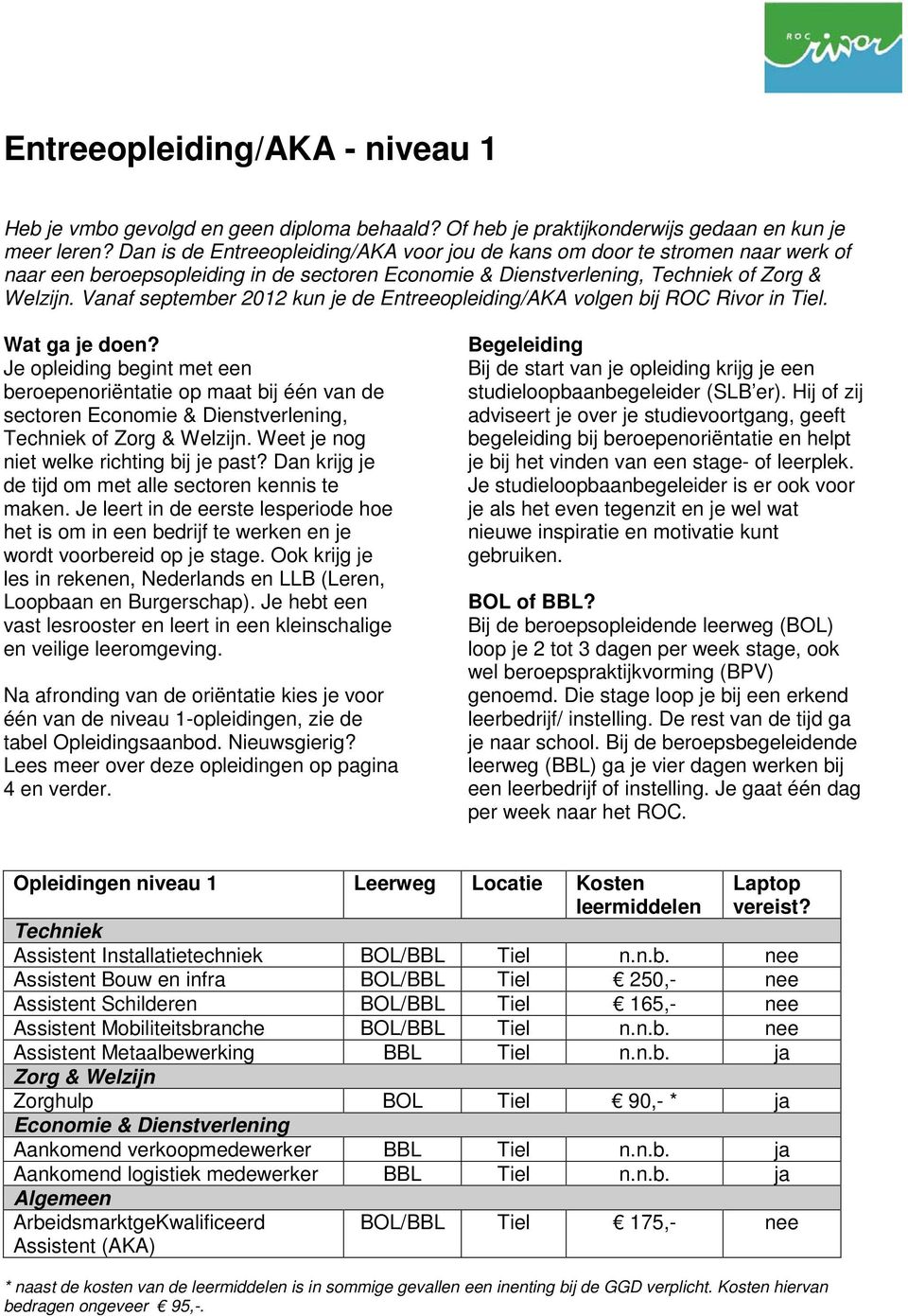 Vanaf september 2012 kun je de Entreeopleiding/AKA volgen bij ROC Rivor in Tiel. Wat ga je doen?